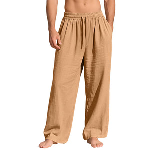 Men's linen casual sports pants with pockets and drawstring in various solid colors