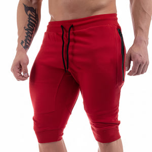 Men's cotton fitness sports shorts in red, black, and gray colors