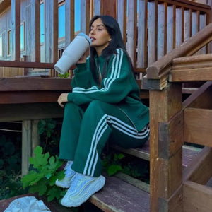 Women's contrast color sweatshirt cardigan and pants set in various colors