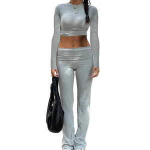 Women's solid color fitness yoga two-piece set with round neck top and bootcut trousers in dark gray, black, and light gray