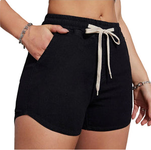 Plus size black A-line drawstring denim shorts for women