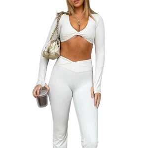 Women's white long sleeve yoga set with zipper detail