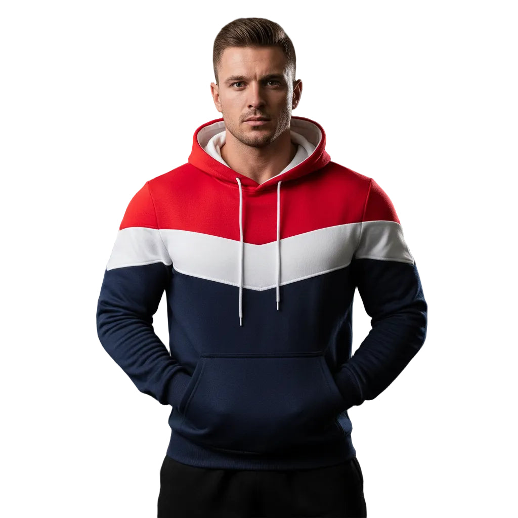 Loose-fitting plus size red navy blue hooded sweatshirt with long sleeves