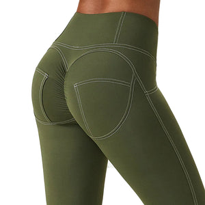 Pleated high waist sports leggings with vibrant all-over print in grey, blue, and green colors
