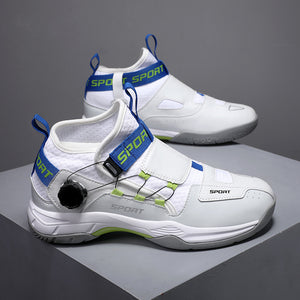 Breathable professional badminton training shoes in white moon, white blue, and black colors