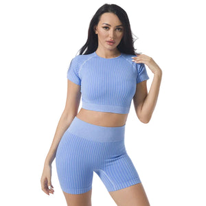Seamless women's high waist yoga set in blue, dark green, and gray with striped pattern