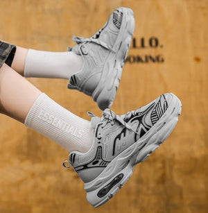 Men's breathable mesh platform sneakers in beige and gray with rubber outsole