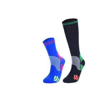 Moisture-wicking running socks in various colors and tube heights for men and women