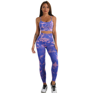 Women's tie-dye print yoga set with high waist shorts or trousers in various colors