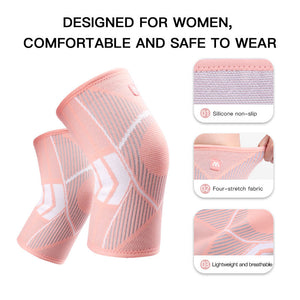 Knee compression sleeves in blue, pink, and black colors