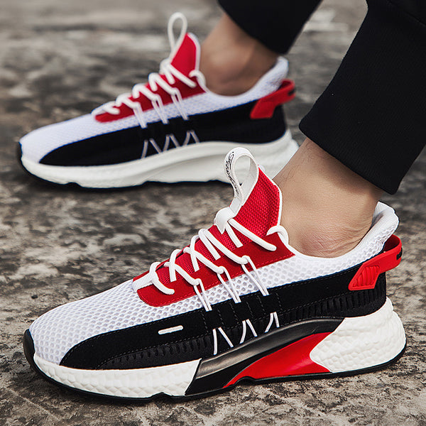Lightweight men's walking trainers in white yellow, white red, and black blue color options