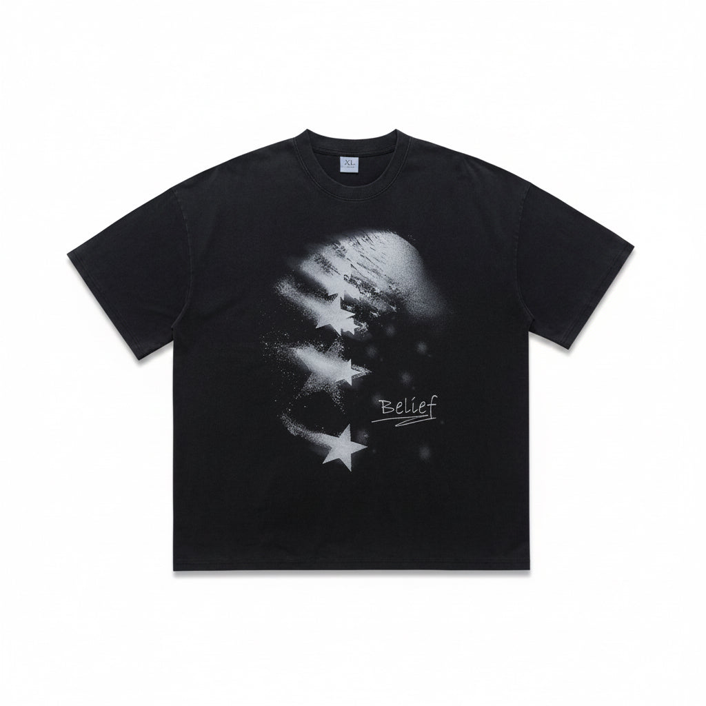 Vintage washed star distressed print t-shirt in washed black color, short sleeve, relaxed fit