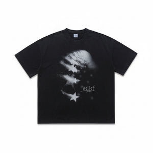 Vintage washed star distressed print t-shirt in washed black color, short sleeve, relaxed fit