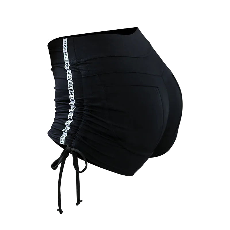 Women's moisture-wicking sports shorts in black, red, and grey with lace-up hips