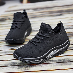 Women's breathable flyknit athleisure shoes in multiple colors with rubber sole and air cushion