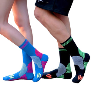 Moisture-wicking running socks in various colors and tube heights for men and women