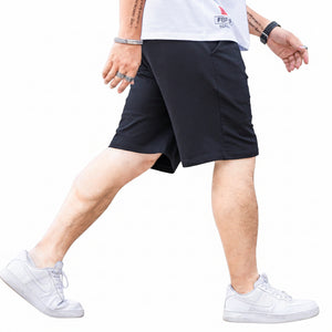 Men's black summer elastic straight casual shorts with multi-pocket design