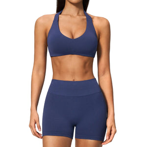 Halter-neck high-waisted tummy-control shorts set for women in multiple colors