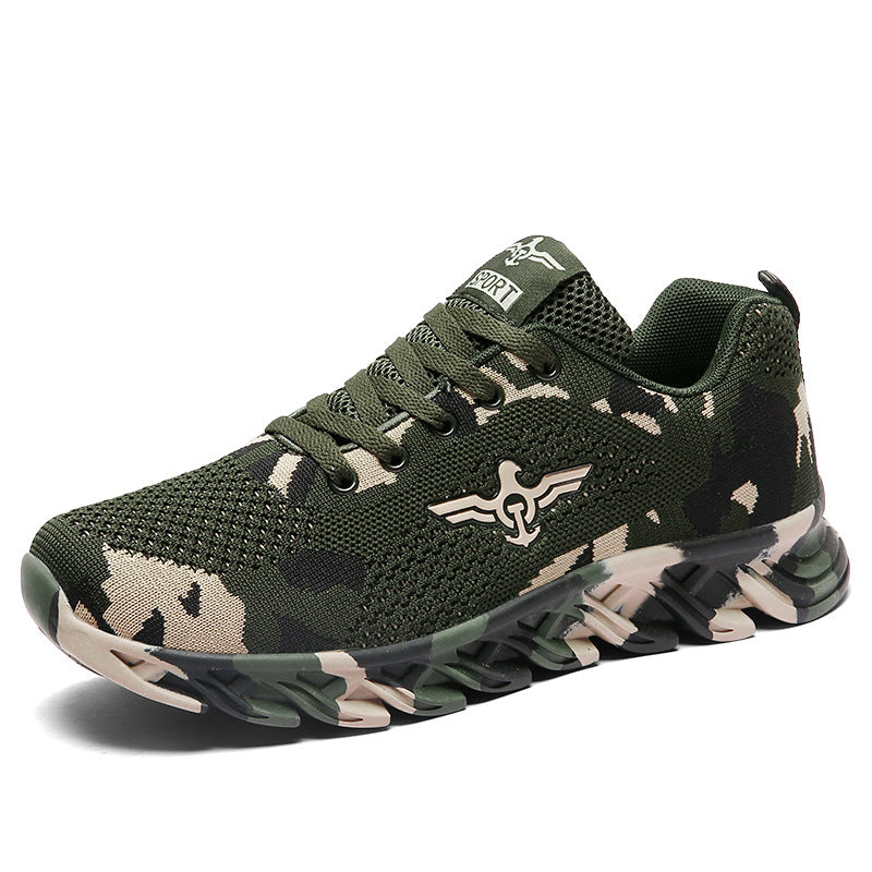 Camouflage military training running shoes with breathable mesh upper and rubber sole