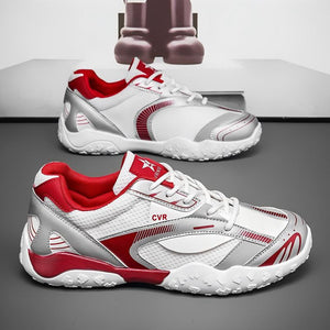 Men's breathable mesh low-top casual sneakers in white black and white red