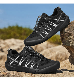 Men's lightweight breathable mesh summer sneakers in black, white gray, and silver blue