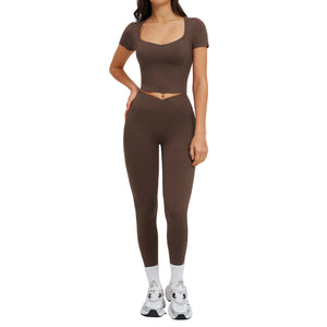 Women's outdoor running fitness workout set in various colors including black, brown, green, red, and camel