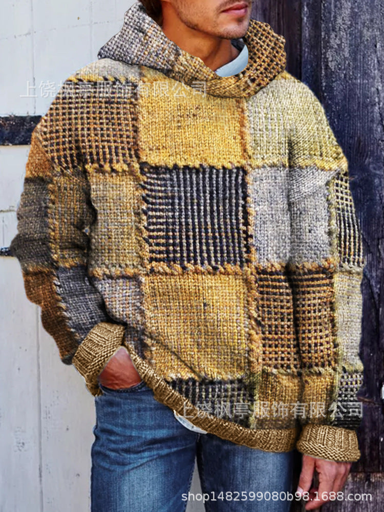 Men's plaid print hoodie with hood and side seam pockets in winter casual style