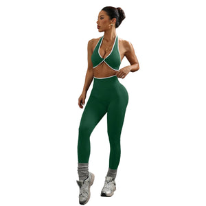 Neck-strap knotted open-back top and yoga pants set for women in multiple colors