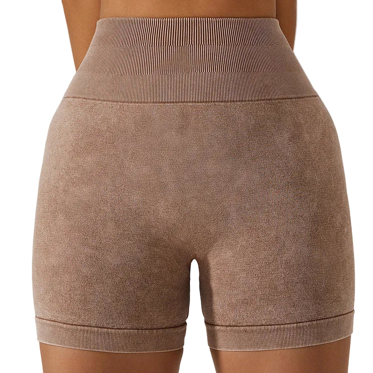 Women's breathable hip-lifting fitness shorts in light coffee, modern grey, and wild green colors