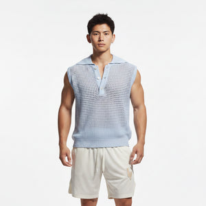 Sleeveless ice silk knit top in black, white, and blue colors