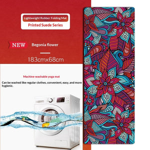 Portable foldable yoga mat with botanical and floral designs in soft suede