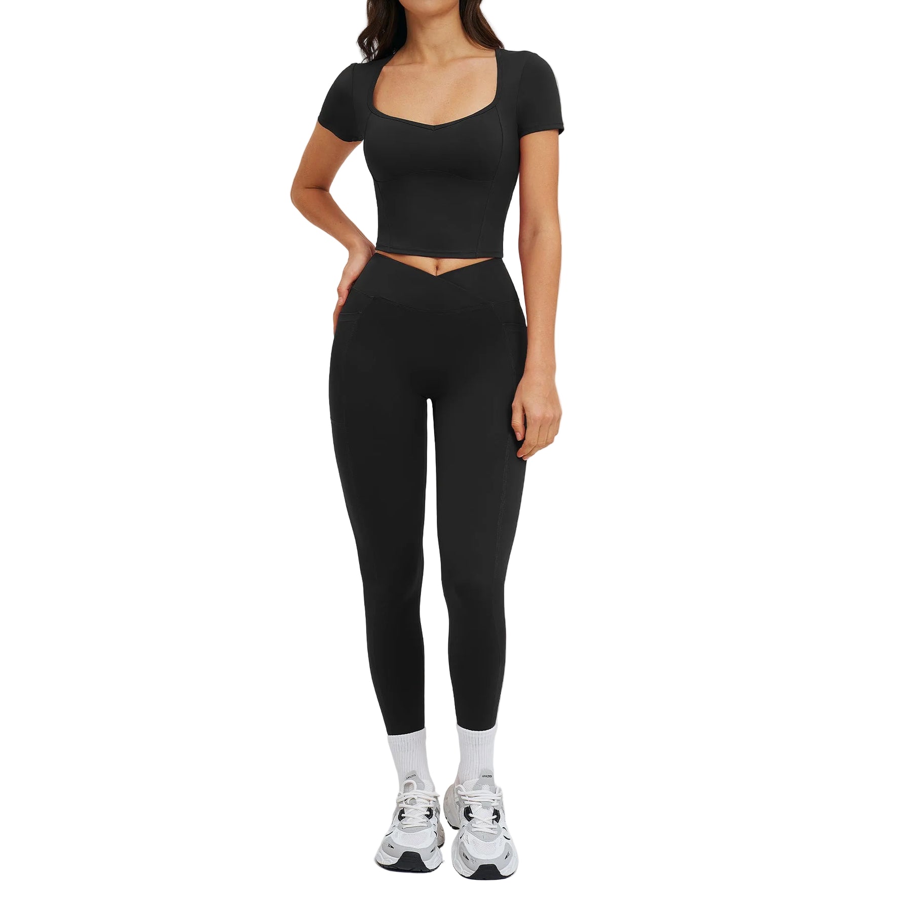 Women's outdoor running fitness workout set in various colors including black, brown, green, red, and camel