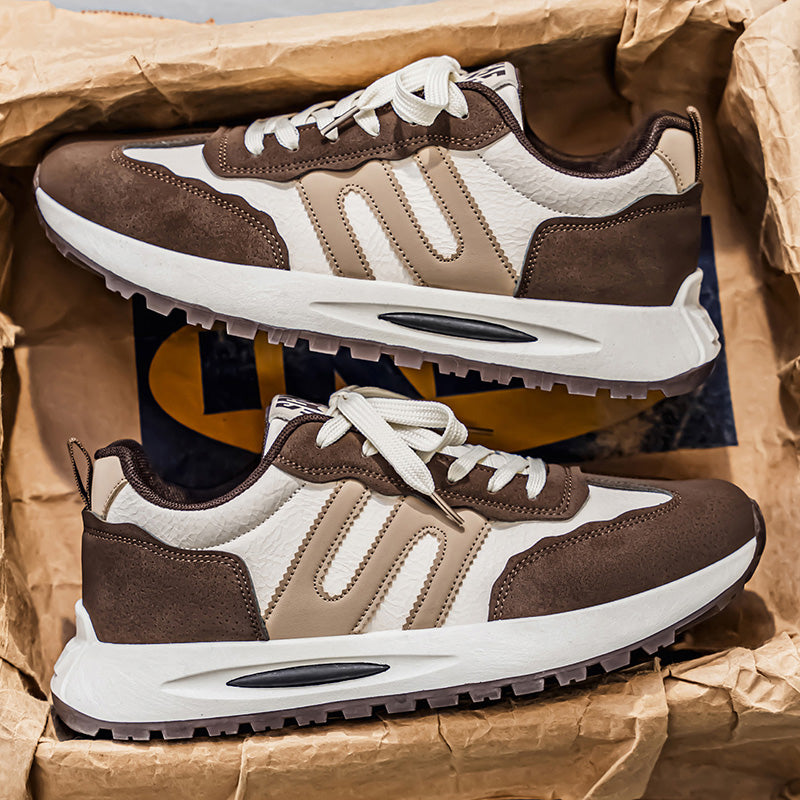 Men's retro Cortez leather running sneakers in black and beige brown colors