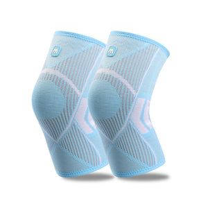 Knee compression sleeves in blue, pink, and black colors
