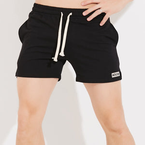 Men's three-point slit sports cotton shorts in charcoal gray, black, light gray, and white colors