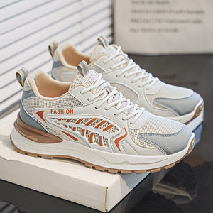 Men's breathable mesh sports sneakers in beige and gray with thick rubber sole