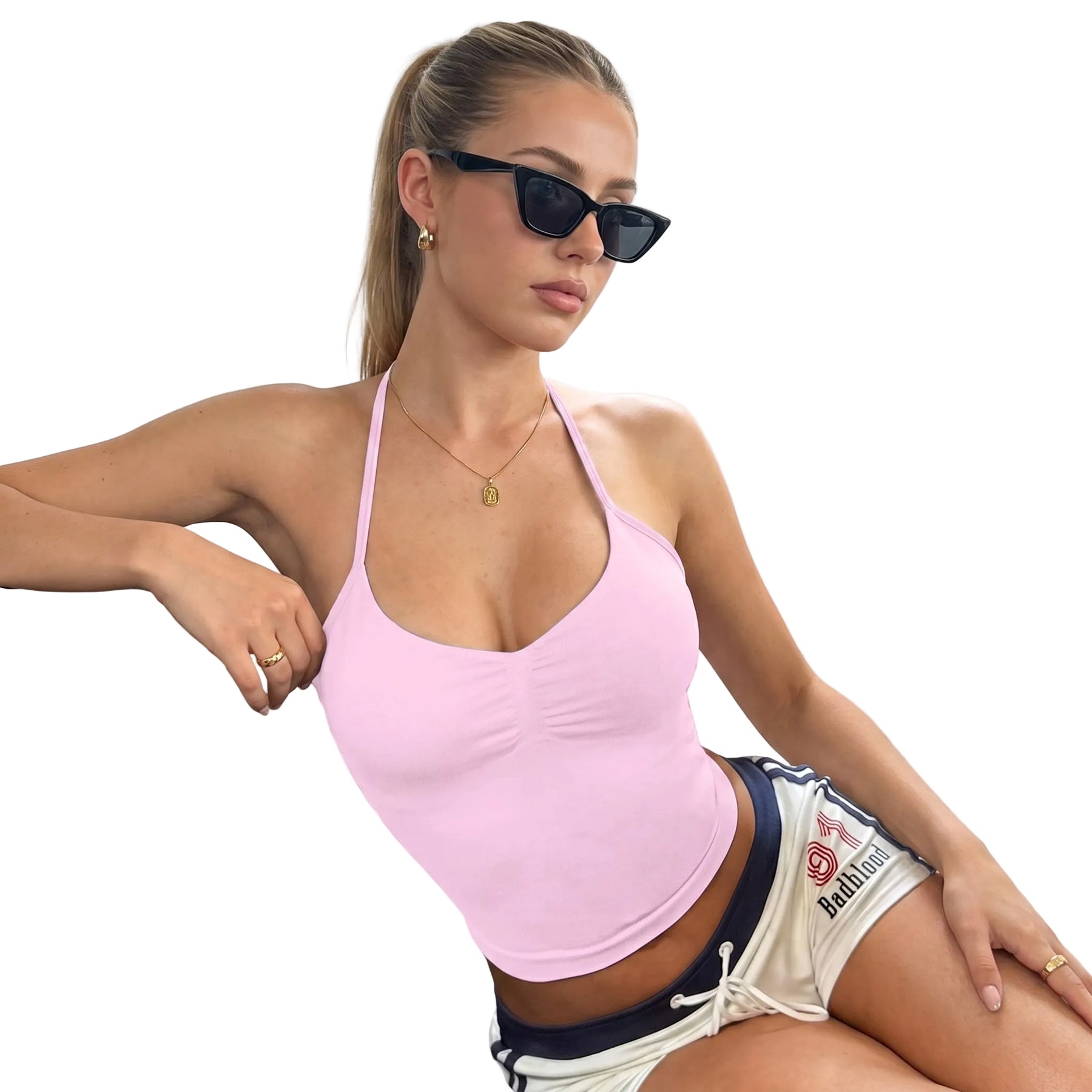SEAMLESS HALTER SPORTS BRA WITH BUILT-IN PADS
