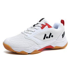 Men's mesh volleyball training shoes in white with blue, red, and black accents