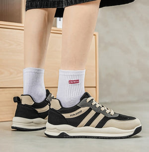 Men's wide toe Cortez-style sneakers in beige orange and black khaki with rubber outsole