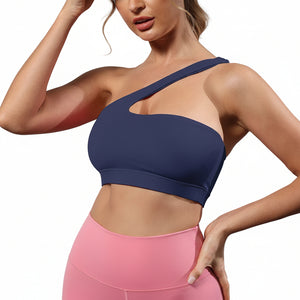 One-shoulder bare-feel sports bra in various colors with medium cup and halter neck straps
