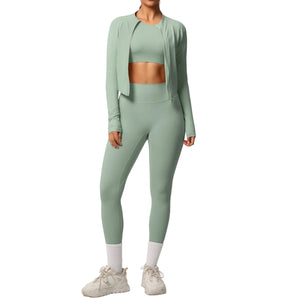 Breathable form-fitting women's workout three-piece activewear set in various colors