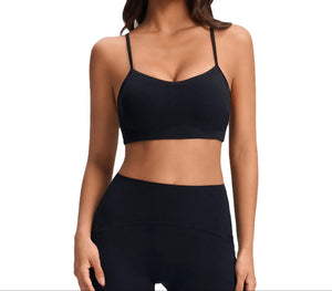Women's push-up sports bra with thin double straps and stylish back design in various colors