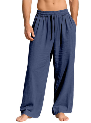 Men's linen casual sports pants with pockets and drawstring in various solid colors