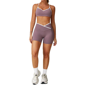 Cross high-waist sports set for women in multiple colors showing bra and shorts combination