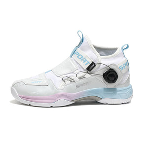 Breathable professional badminton training shoes in white moon, white blue, and black colors
