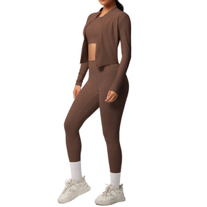 Breathable form-fitting women's workout three-piece activewear set in various colors