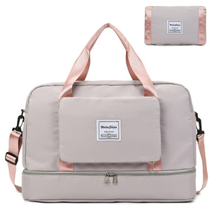 Foldable travel duffel bag in multiple colors with shoe storage and multiple pockets