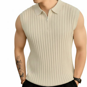 Men's sleeveless knit T-shirt with zipper accents in various colors