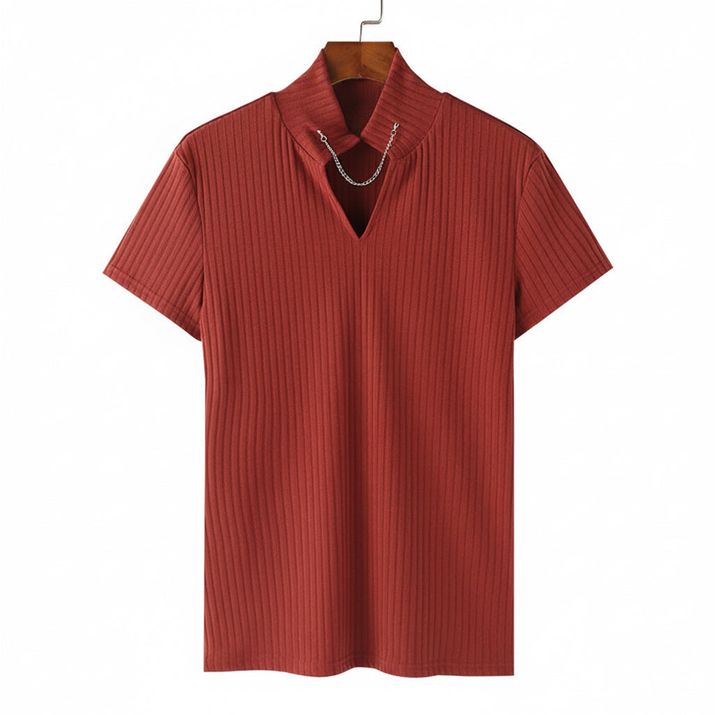 Men's brick red V-neck knitted short-sleeve ribbed t-shirt
