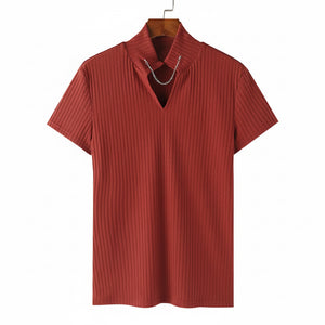 Men's brick red V-neck knitted short-sleeve ribbed t-shirt